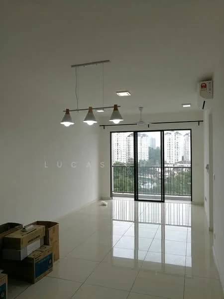 Living features: white painted walls, glossy ceramic tile flooring, 5-blade ceiling fan with light, hanging pendant lights with three bulbs, floor-to-ceiling sliding glass door, black metal railing, city skyline view, air conditioning unit on wall, boxes on the floor; style: modern; view: city.