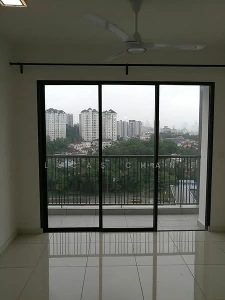 Room features: floor-to-ceiling sliding glass door, white painted walls, polished ceramic tile flooring, ceiling fan, balcony view of city skyline; style: modern; view: city.