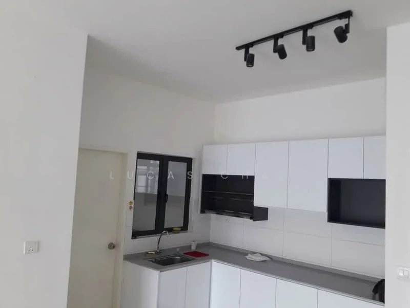 Kitchen features: white shaker cabinets, grey countertop, single-bowl stainless-steel sink, chrome pull-down faucet, built-in oven, stainless-steel range hood, ceramic tile backsplash, recessed LED downlights, wall-mounted cabinet, window with black frame; style: modern.