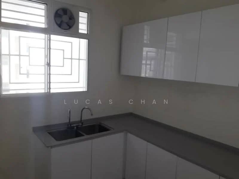 Kitchen features: white cabinetry, grey countertop, double-bowl stainless-steel sink, chrome pull-down faucet, wall-mounted fan, window with grid design, light-colored walls, tile flooring; style: modern.