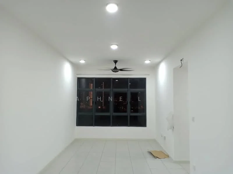 Living features: white painted walls, tile flooring, 5-blade ceiling fan with light, floor-to-ceiling windows, city skyline view, recessed LED downlights; style: modern; view: city.