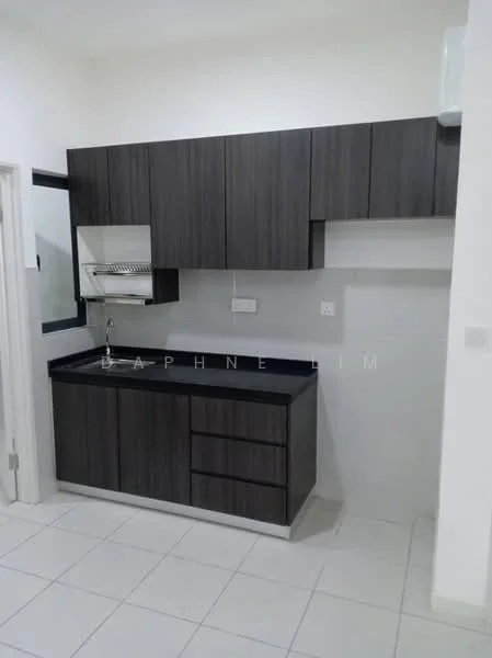 Kitchen features: dark wood cabinetry, black countertop, single-bowl stainless-steel sink, chrome faucet, wall-mounted shelving, white tiled backsplash, white walls, ceramic tile flooring; style: modern.