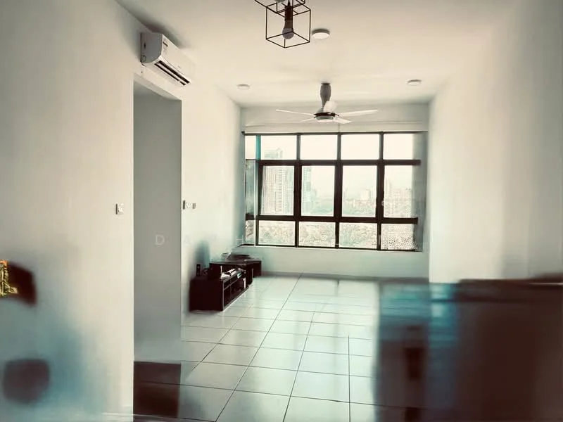 Living features: white painted walls, glossy tile flooring, 5-blade ceiling fan, floor-to-ceiling windows, black TV console, city view, wall-mounted air conditioning unit, recessed downlights; style: modern; view: city.