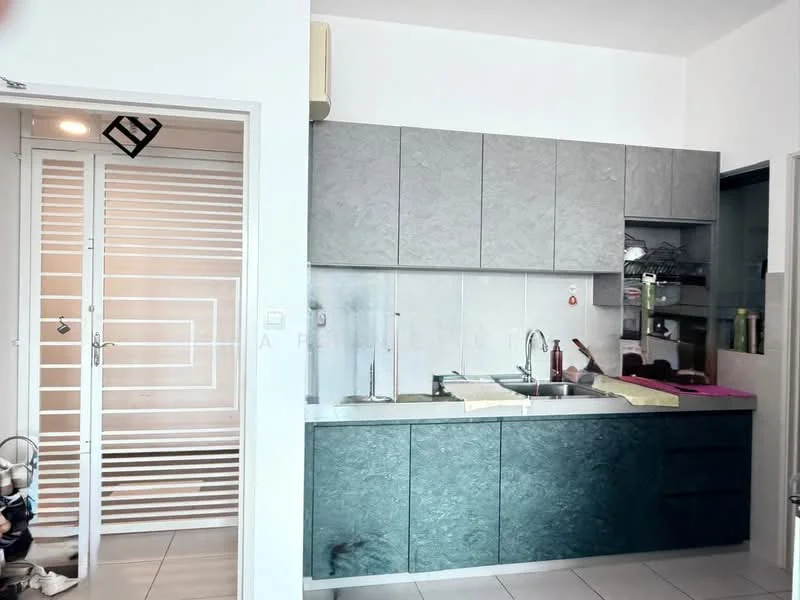 Kitchen features: grey laminate cabinetry, green laminate countertop, double-bowl stainless-steel sink, chrome pull-down faucet, built-in oven, freestanding range oven, ceramic tile flooring, wall-mounted air conditioning unit, sliding glass door, open shelving, recessed lighting; style: modern. Room features: white painted walls, sliding door with horizontal slats.