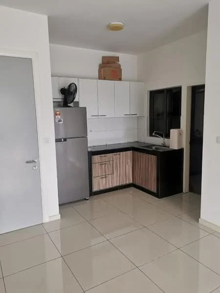 Kitchen features: stainless-steel fridge, black countertop, wood cabinetry, white upper cabinets, single-bowl stainless-steel sink, chrome pull-down faucet, ceramic tile flooring, wall-mounted fan, white painted walls, recessed ceiling light; style: modern.