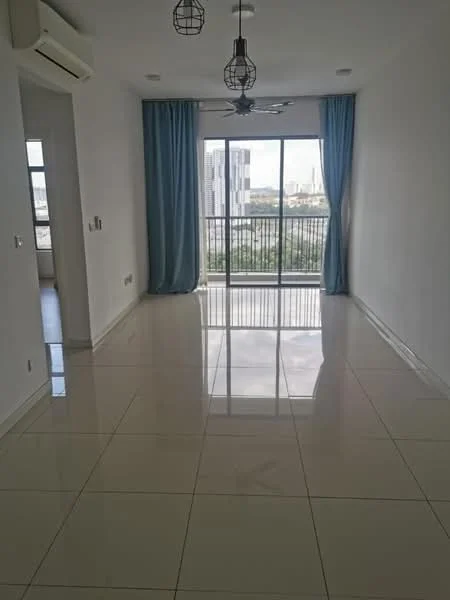 Living features: white painted walls, glossy ceramic tile flooring, 5-blade ceiling fan with light, floor-to-ceiling sliding glass door, curtains in light blue, recessed downlights, balcony access, city view; style: modern; view: city.