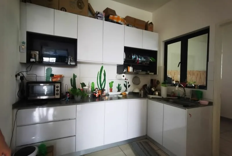 Kitchen features: white flat-panel cabinets, black countertop, stainless-steel sink, chrome pull-down faucet, built-in microwave, decorative cacti, open shelving, tile flooring, window with black frame, kitchen utensils, dish rack, kitchen rug; style: modern.