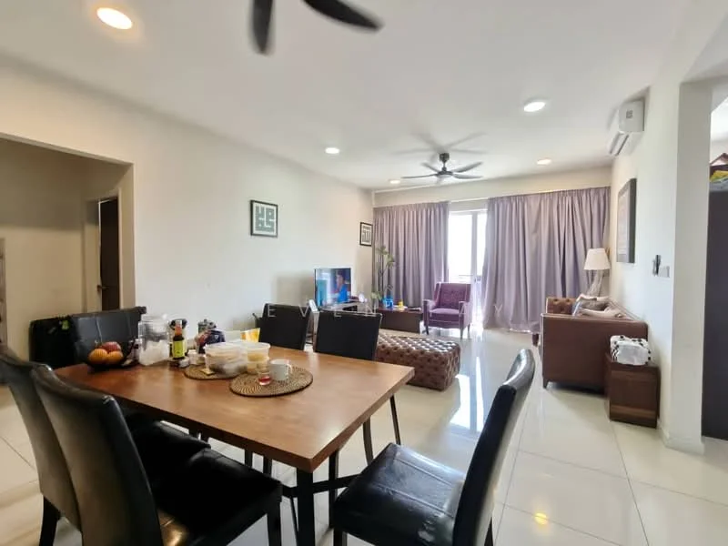Living features: white painted walls, glossy tile flooring, 5-blade ceiling fan with light, recessed downlights, floor-to-ceiling windows, curtains, sofa in brown leather, coffee table, TV console, wall-mounted TV, area rug, dining table with 6 chairs, decorative wall art; style: modern.