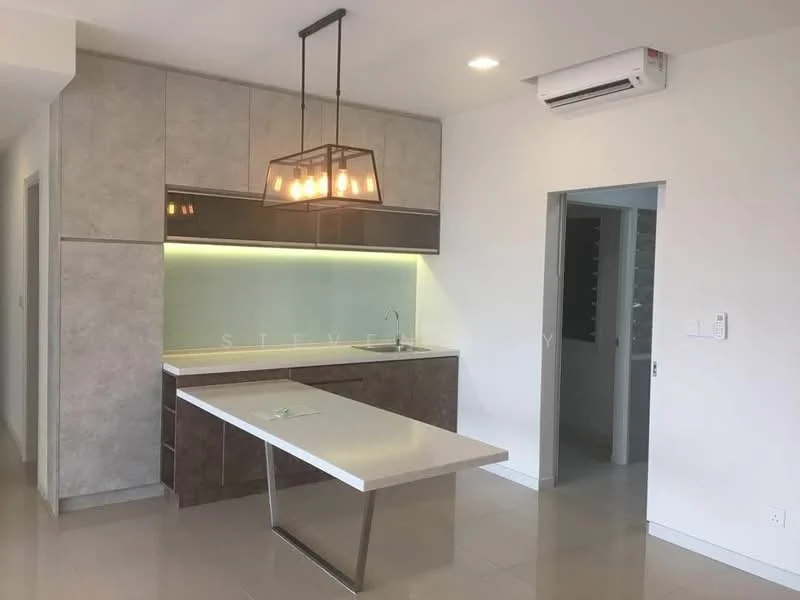 Kitchen features: white quartz countertop, grey cabinetry with flat-panel design, stainless-steel sink, chrome pull-down faucet, pendant light fixture with three bulbs, built-in oven, recessed LED downlights, wall-mounted split AC, tile flooring, green backlit panel, open layout, island with seating area; style: modern.