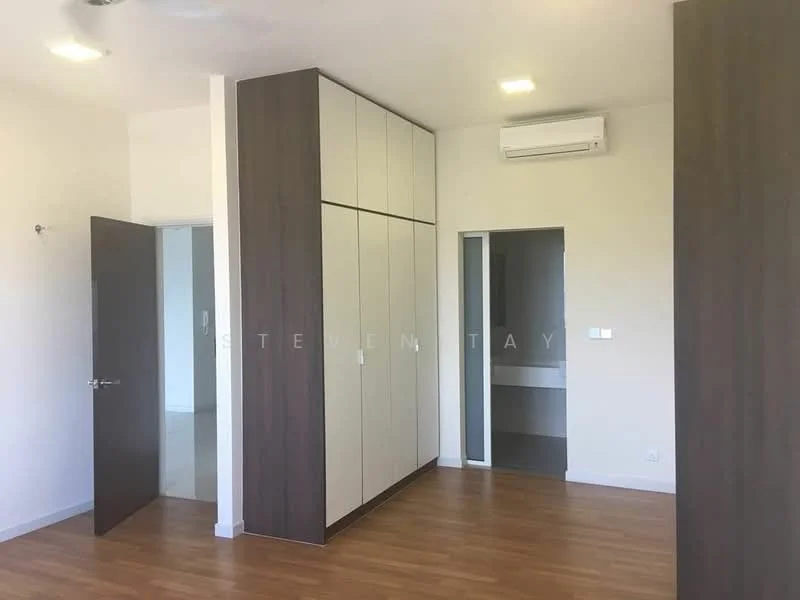 Room features: light wood laminate flooring, white painted walls, built-in wardrobe with sliding doors, wall-mounted split AC unit, door leading to another room, door leading to hallway, ceiling with recessed lighting, neutral color scheme; style: modern.