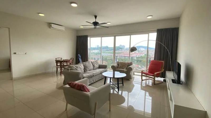 Living features: 3-seater fabric sofa in light grey, 2-seater armchair in red, coffee table with round top, TV console with wall-mounted TV, floor-to-ceiling windows, curtains in dark grey, ceiling fan with light, recessed LED downlights, cream painted walls, glossy tile flooring, dining table with 4 wooden chairs, decorative floor lamp; style: modern; view: city.