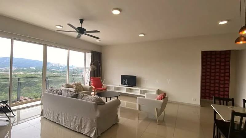 Living features: 3-seater fabric sofa in light grey, 2-seater fabric sofa in white, coffee table, wall-mounted TV, TV console, ceiling fan with light, recessed downlights, floor-to-ceiling windows, curtains, tile flooring, decorative wall with red accents, view of city skyline; style: modern; view: city.
