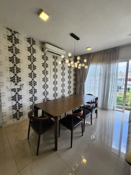 Dining features: rectangular wooden dining table, 6 dining chairs with black upholstery, chandelier with multiple bulbs, white painted walls, decorative wallpaper with geometric pattern, floor-to-ceiling windows, sheer curtains, wall-mounted split AC, glossy tile flooring; style: modern; view: garden.