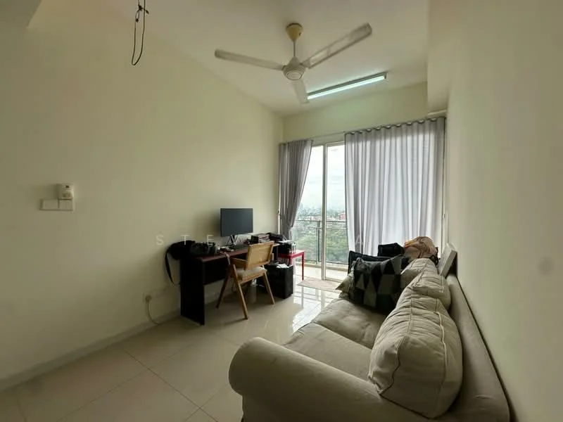 Living features: white painted walls, glossy tile flooring, 5-blade ceiling fan with light, floor-to-ceiling windows, sheer curtains, sofa in light color, wooden desk, monitor on desk, chair at desk, decorative cushions, view of city skyline; style: modern; view: city.