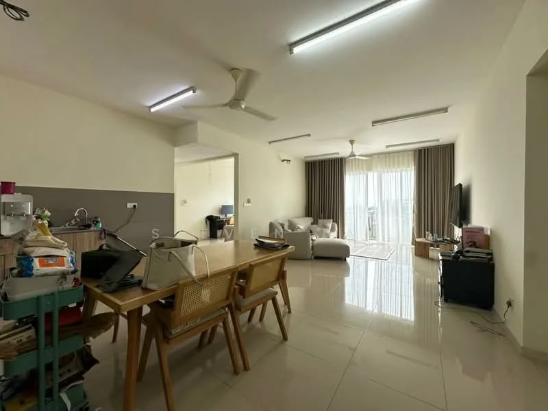 Living features: white painted walls, glossy tile flooring, 5-blade ceiling fan with light, recessed LED downlights, large sliding glass door, floor-to-ceiling windows, curtains, sofa, TV console, dining table with chairs, decorative items on table; style: modern; view: garden.