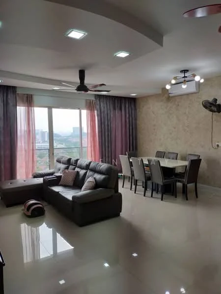 Living features: 3-seater leather sofa in grey, coffee table, dining table for 6 with upholstered chairs, ceiling fan with light, recessed LED downlights, floor-to-ceiling windows, curtains in pink and grey, polished ceramic tile flooring, decorative wall with textured finish, wall-mounted air conditioning unit; style: modern; view: city.