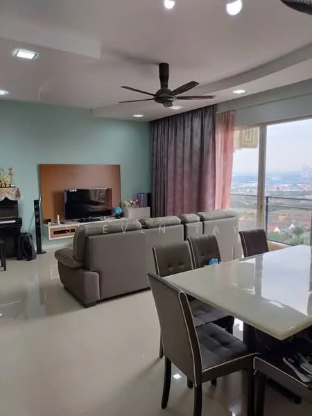 Living features: 3-seater fabric sofa in grey, coffee table, wall-mounted TV, entertainment unit, ceiling fan, recessed LED downlights, floor-to-ceiling windows, curtains in purple and pink, cream tiled flooring, decorative wall with light green paint; style: modern; view: city. Dining features: 6-seater dining table, upholstered dining chairs, cream tiled flooring; style: modern; view: city.