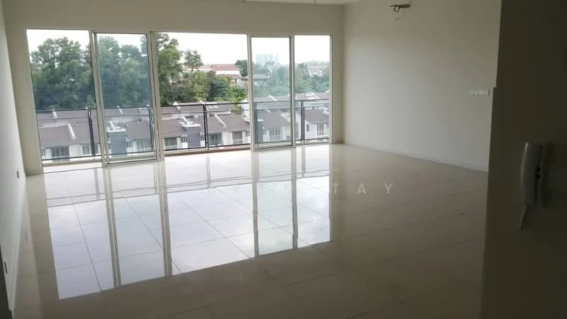 Living features: large floor-to-ceiling windows, sliding glass door, white painted walls, glossy ceramic tile flooring, recessed downlights, neutral color palette, open layout, view of neighboring houses, balcony access, no visible furniture; style: modern; view: garden.