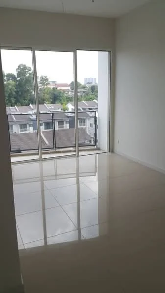 Room features: large floor-to-ceiling windows, sliding glass door, white painted walls, glossy tile flooring, balcony access, city view, natural light, neutral color scheme; style: modern; view: city.