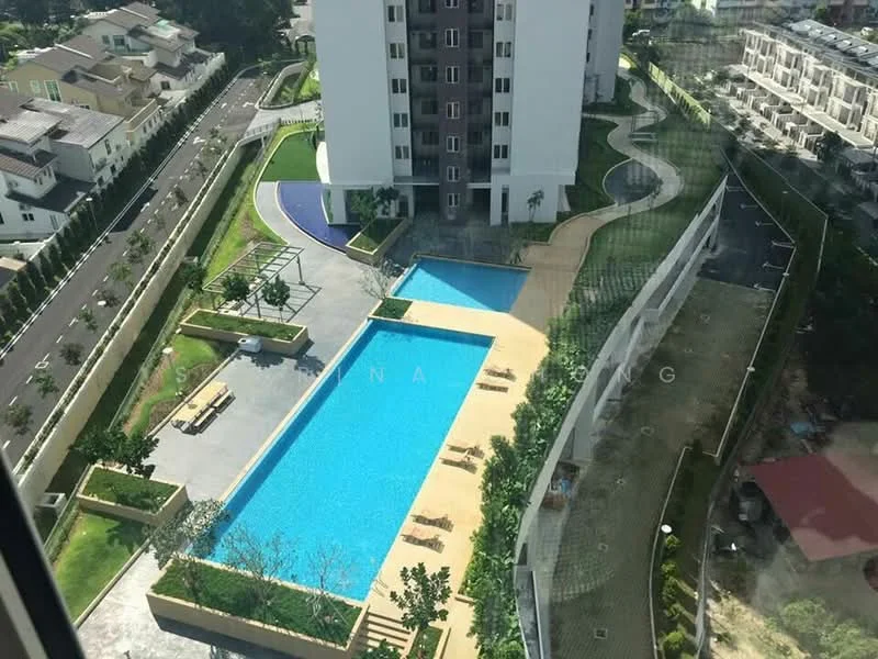 Exterior type: high-rise condominium; features: infinity pool, pool deck with loungers, landscaped garden, manicured lawn, children's playground, outdoor dining area, walking paths, surrounding greenery; style: modern.
