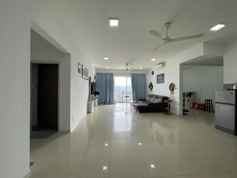 Living features: white painted walls, polished ceramic tile flooring, 5-blade ceiling fan with light, sofa in grey fabric, coffee table, floor-to-ceiling windows, curtains in light blue, TV console, wall-mounted TV, decorative wall art; style: modern; view: city. Room features: white painted walls, polished ceramic tile flooring, doorway leading to hallway, doorway leading to kitchen area.