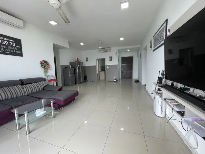Living features: 3-seater fabric sofa in grey, 2-seater fabric sofa in purple, coffee table, wall-mounted TV, TV console, recessed LED downlights, floor-to-ceiling windows, white painted walls, glossy ceramic tile flooring, 1 wall-mounted split AC, decorative wall art, open layout, ceiling fan; style: modern.
