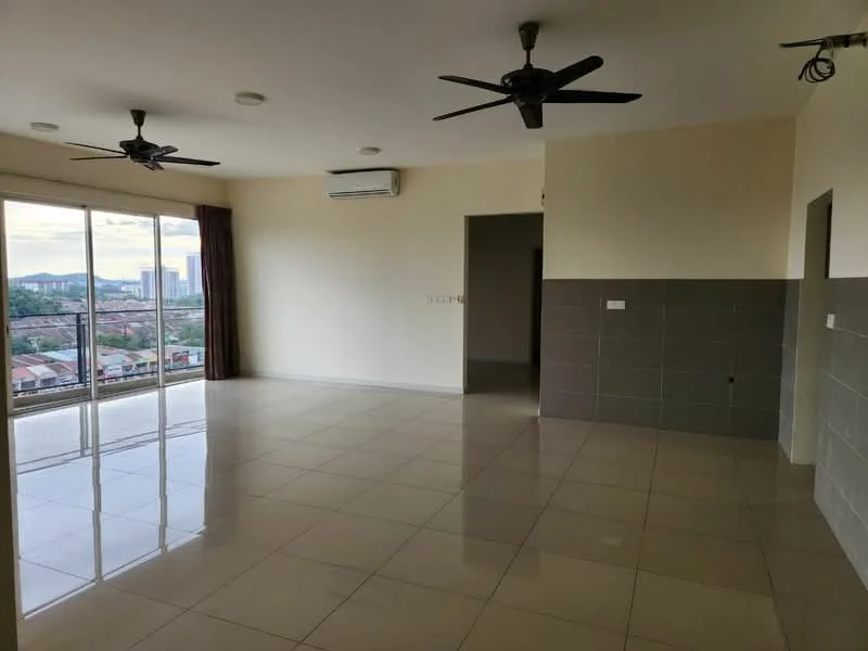 Living features: large floor-to-ceiling windows, sliding glass door, 2 ceiling fans, white painted walls, grey tiled accent wall, polished ceramic tile flooring, air conditioning unit, curtains, open layout; style: modern; view: city.