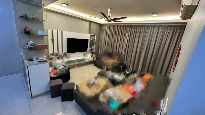 Living features: grey accent wall, white painted walls, glossy white floor tiles, 5-blade ceiling fan with light, recessed LED downlights, wall-mounted TV, TV console, black L-shape sectional sofa, decorative cushions, curtains, open shelving unit, decorative items on shelves; style: modern.