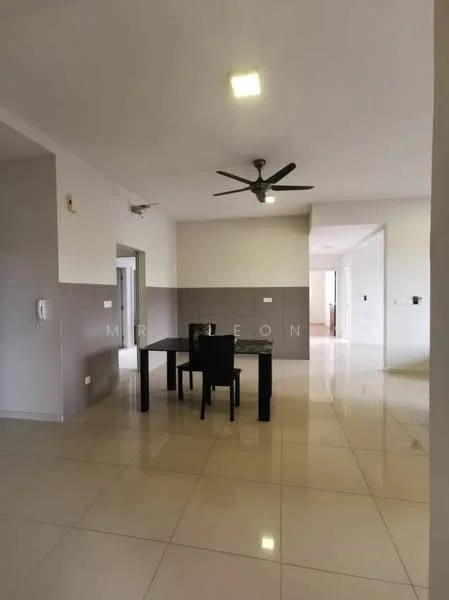 Dining features: square dining table, 4 dining chairs, polished ceramic tile flooring, white painted walls, grey accent wall, ceiling fan, recessed lighting, open layout, doorway leading to other rooms; style: modern. Room features: white painted walls, polished ceramic tile flooring, doorway leading to hallway, doorway leading to kitchen.