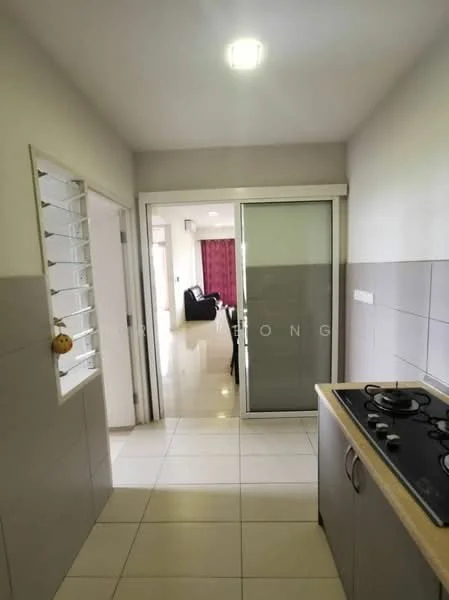 Kitchen features: white painted walls, cream tiled flooring, granite countertop, built-in gas hob, sliding glass door, window with security grille, under-cabinet lighting, open layout to living area; style: modern. Room features: light-colored walls, tiled flooring, visible living area, sofa in living area, curtains in living area.