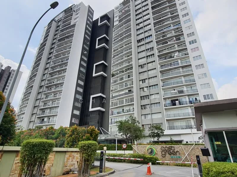 Exterior type: high-rise condominium; features: glass curtain wall, white painted facade, black accent panels, recessed balconies, landscaped entrance, signage at entrance, surrounded by greenery, multiple storeys, modern architectural design; style: modern.