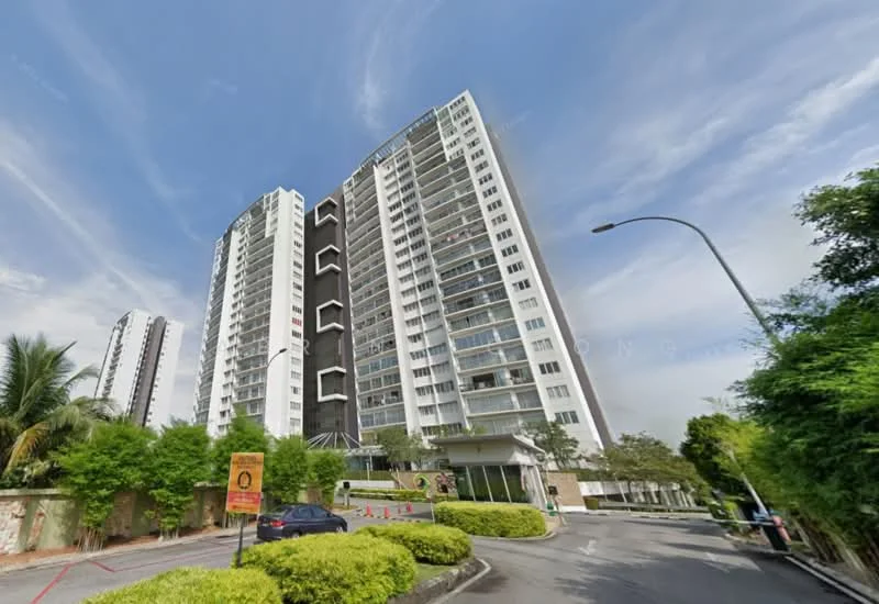 Exterior type: high-rise condominium; features: glass curtain wall, white painted facade, recessed balconies, landscaped garden with shrubs, manicured lawn, paved driveway, multiple storeys, modern architectural design; style: modern.