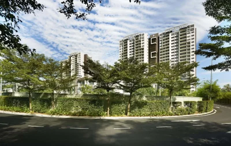 Exterior type: high-rise condominium; features: glass curtain wall, green landscaping with trees, manicured hedges, curved driveway, surrounding greenery, multiple storeys, modern architectural design; style: modern.