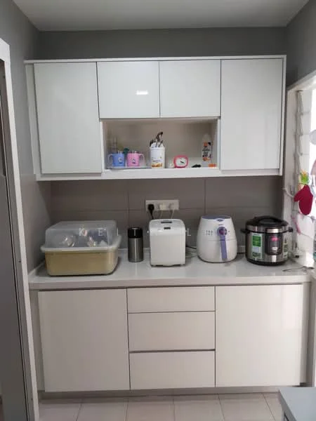 Kitchen features: white flat-panel cabinets, grey tiled backsplash, white countertop, built-in microwave, electric kettle, rice cooker, toaster, plastic storage container, stainless-steel canister, under-cabinet lighting, ceramic tile flooring; style: modern.
