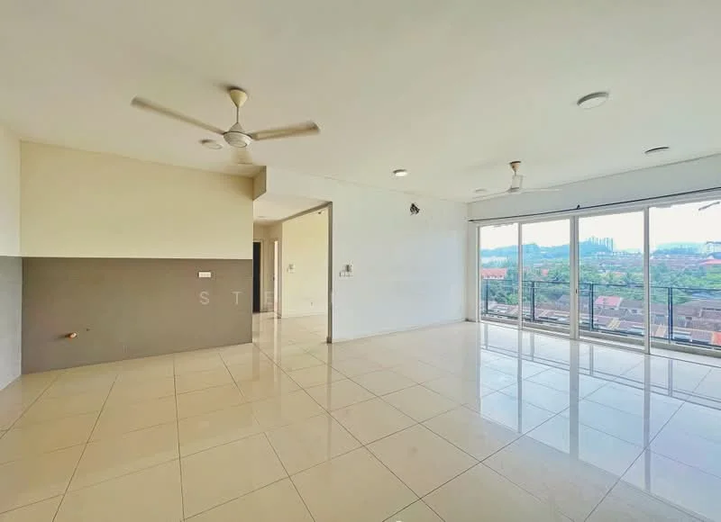 Living features: large floor-to-ceiling windows, sliding glass door, 2 ceiling fans, recessed downlights, cream painted walls, grey accent wall, polished tile flooring, open layout, city view; style: modern; view: city.