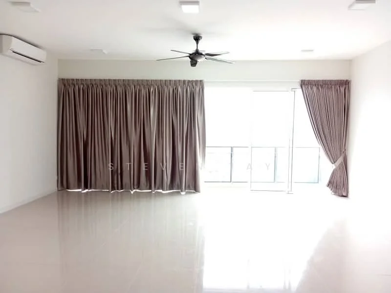 Living features: white painted walls, glossy tile flooring, 5-blade ceiling fan with light, floor-to-ceiling sliding glass door, sheer curtains, dark brown curtains, balcony view, air conditioning unit; style: modern.