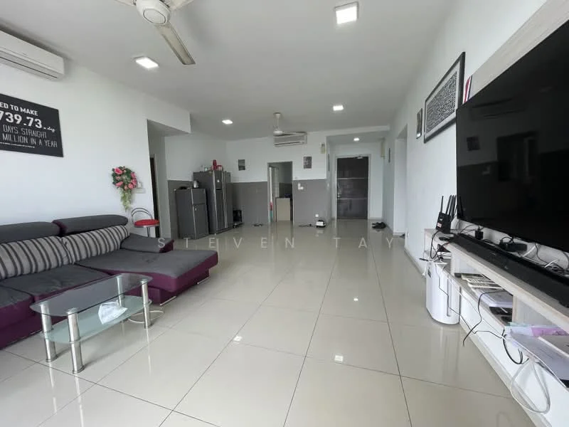 Living features: 3-seater fabric sofa in grey, 2-seater fabric sofa in purple, coffee table, wall-mounted TV, TV console, recessed LED downlights, ceiling fan, white painted walls, glossy ceramic tile flooring, open layout, large windows, air conditioning unit; style: modern.