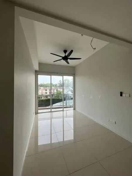Room features: white painted walls, glossy tile flooring, 5-blade ceiling fan, floor-to-ceiling windows, sliding glass door, natural light from windows, view of outdoor area; style: modern; view: garden.