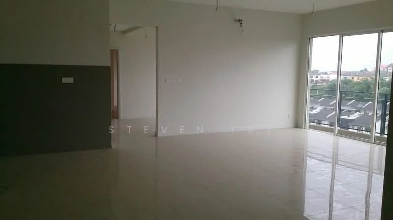 Living features: cream painted walls, grey accent wall, polished marble flooring, floor-to-ceiling windows, sliding glass door, natural light, open layout, high ceiling; style: modern; view: garden.
