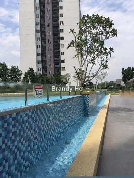 Exterior type: high-rise condominium; features: swimming pool, water feature with tiled wall, landscaped area with tree, concrete walkway, glass railing, blue mosaic tiles, manicured lawn, surrounding greenery; style: modern.