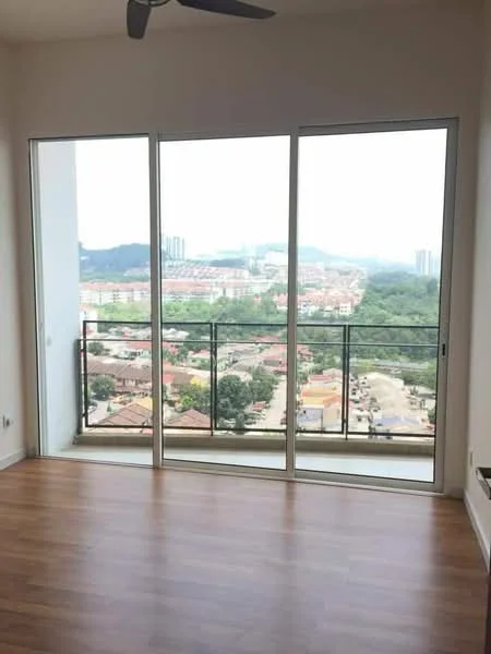Room features: floor-to-ceiling windows, sliding glass door, wooden flooring, ceiling fan, city view, balcony access; style: modern; view: city.
