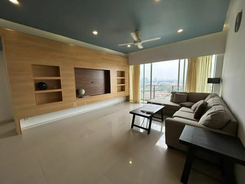 Living features: light grey fabric sofa, coffee table, built-in wooden shelving unit, floor-to-ceiling windows, sheer curtains, recessed downlights, ceiling fan, glossy tile flooring, wooden accent wall, city view; style: modern; view: city.