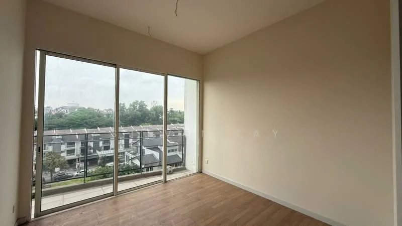 Room features: large floor-to-ceiling windows, wooden flooring, plain white walls, neutral color scheme, unfurnished, natural light, view of surrounding buildings, balcony access; style: modern; view: city.