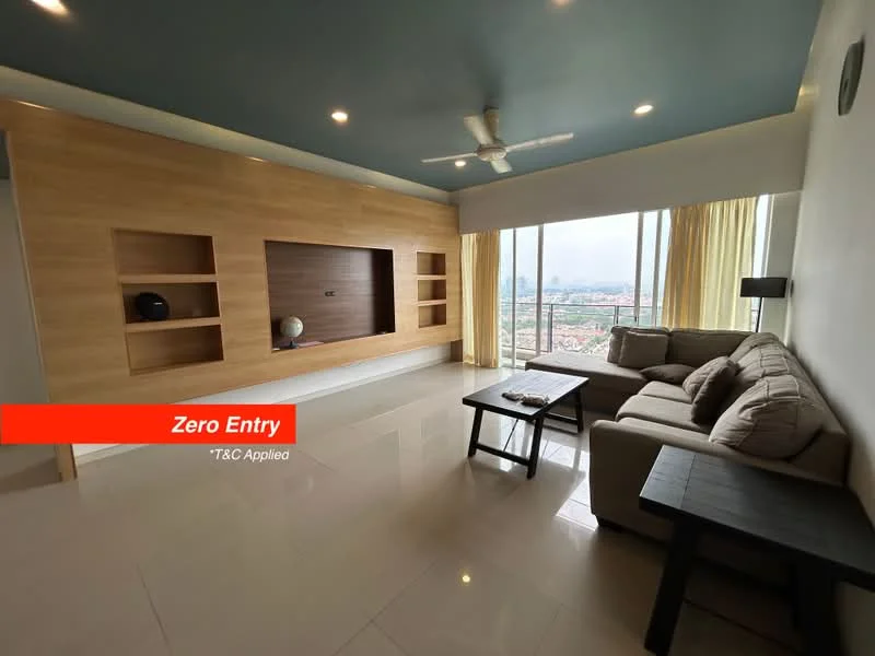 Living features: light grey fabric sofa, black wooden coffee table, built-in wooden wall unit with shelves, floor-to-ceiling windows, sheer curtains, white walls, cream tiled flooring, ceiling fan with light, blue painted ceiling; style: modern; view: city.