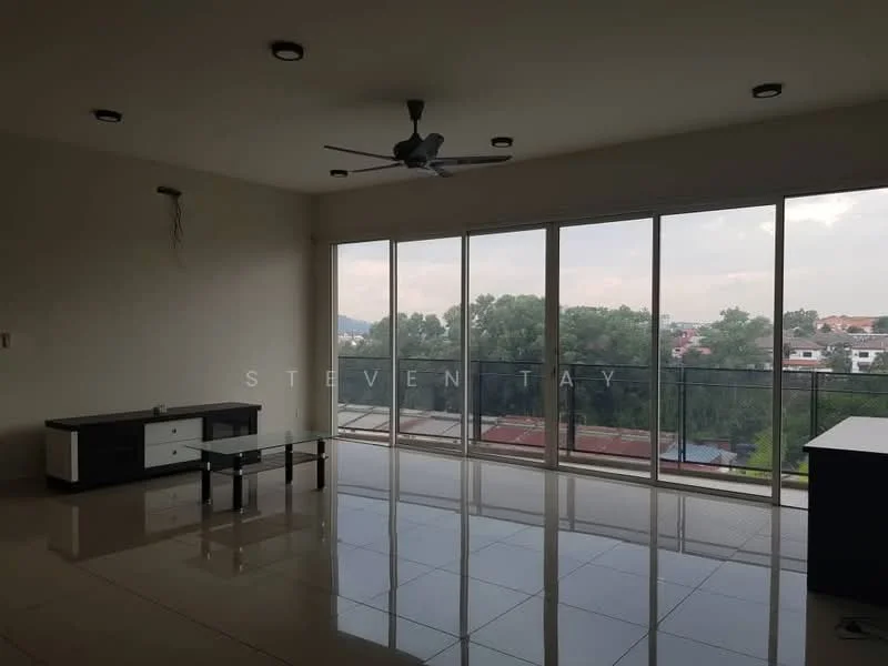 Living features: large floor-to-ceiling windows, sliding glass door, white painted walls, polished ceramic tile flooring, 5-blade ceiling fan with light, TV console, coffee table, open layout, view of greenery, natural light; style: modern; view: garden.