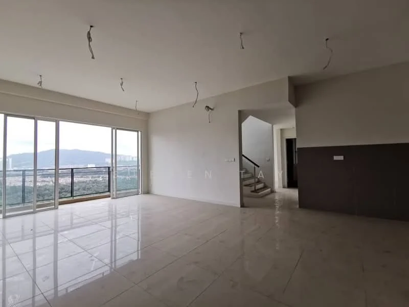 Living features: large floor-to-ceiling windows, mountain view, white painted walls, cream tiled flooring, recessed downlights, open layout, access to staircase, neutral color scheme; style: modern; view: mountain.