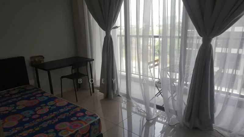 Bedroom features: queen-size bed with colorful patterned bedding, floor-to-ceiling windows, sheer curtains, desk with chair, tiled flooring, balcony access, decorative wall, natural light from windows; style: modern; view: garden.