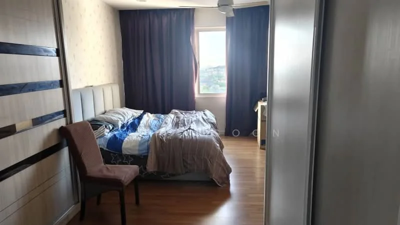 Bedroom features: queen-size bed with blue and white bedding, upholstered headboard, wooden flooring, brown fabric chair, floor-to-ceiling window, dark curtains, light-colored wallpaper with subtle pattern, ceiling fan; style: modern; view: city.