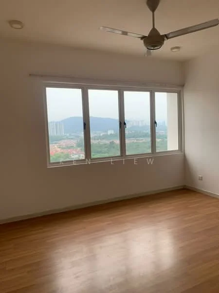 Room features: wooden flooring, white painted walls, floor-to-ceiling windows, mountain view, ceiling fan; style: modern; view: mountain.