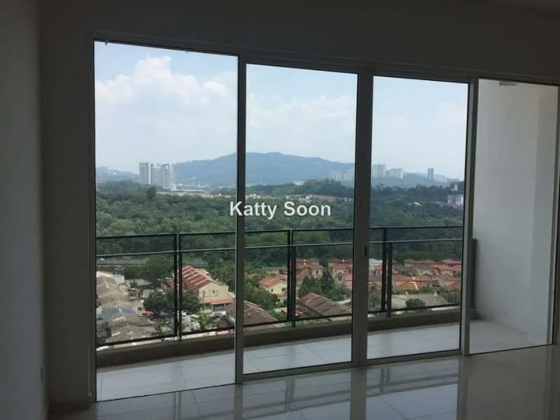 Room features: floor-to-ceiling windows, sliding glass door, white painted walls, ceramic tile flooring, balcony with glass railing, city view, mountain view; style: modern; view: city.